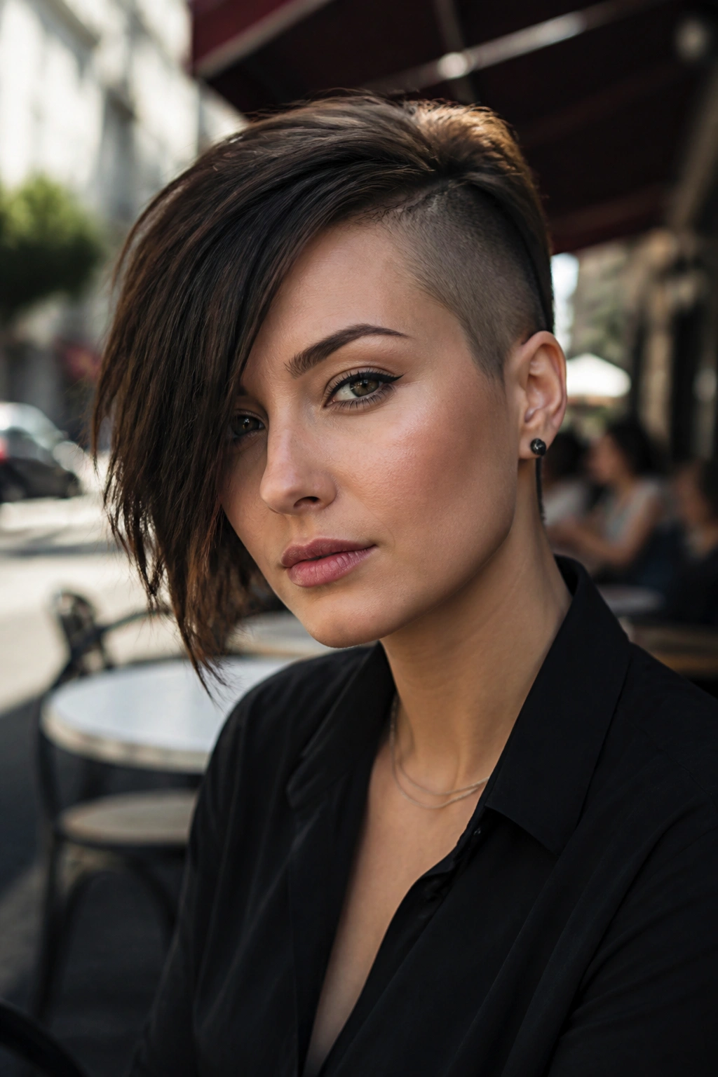 Close-up portrait of a real person with asymmetrical pixie and shaved side in natural outdoor light