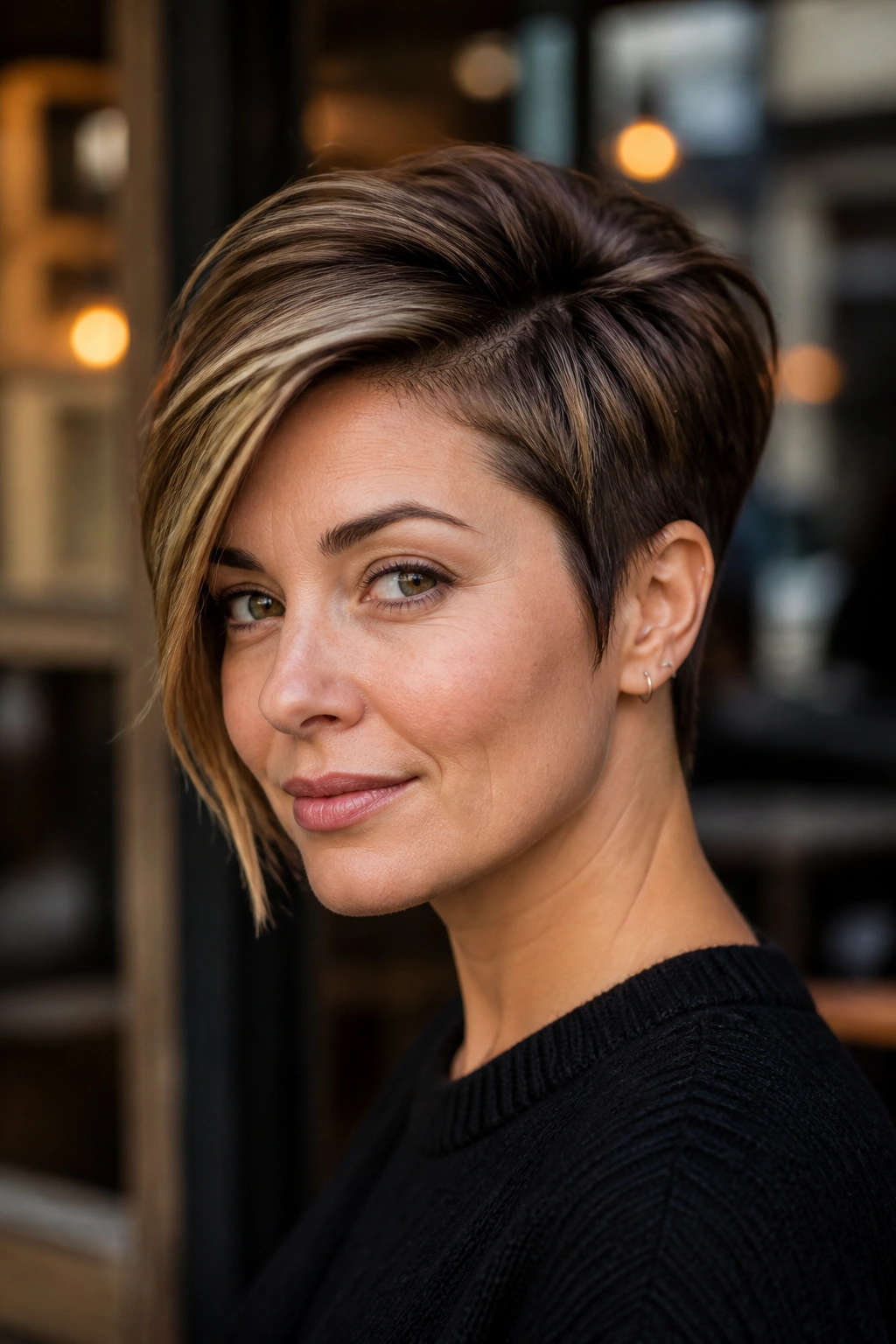 Close-up portrait of a real woman wearing an asymmetrical pixie with longer side and off-center part