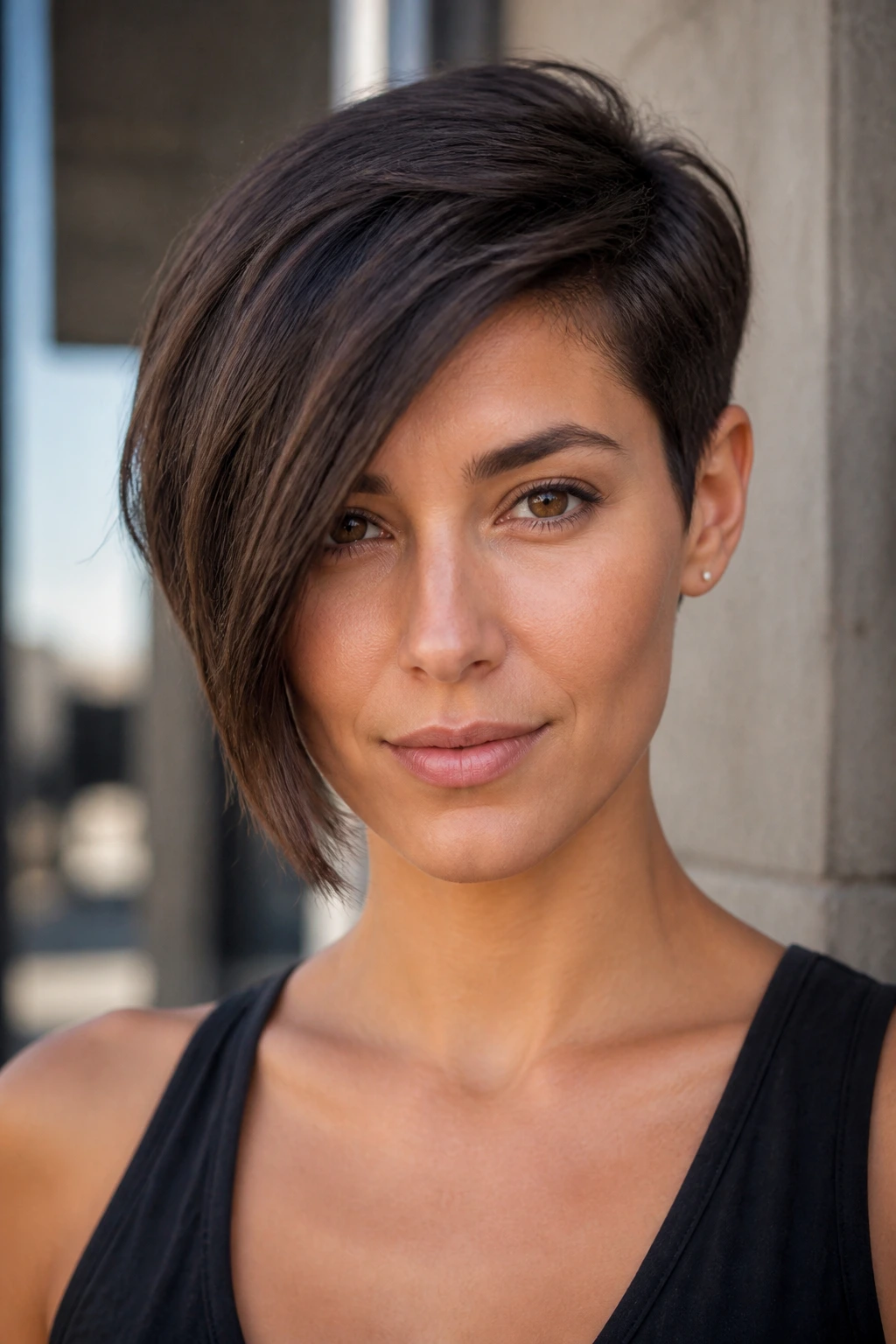 Close-up portrait of a real person with asymmetrical pixie hairstyle