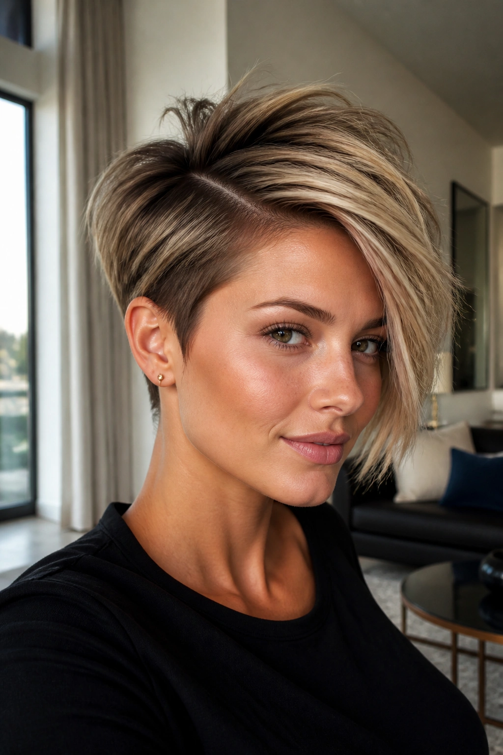 Close-up portrait of a real woman with a deep side-part asymmetrical pixie