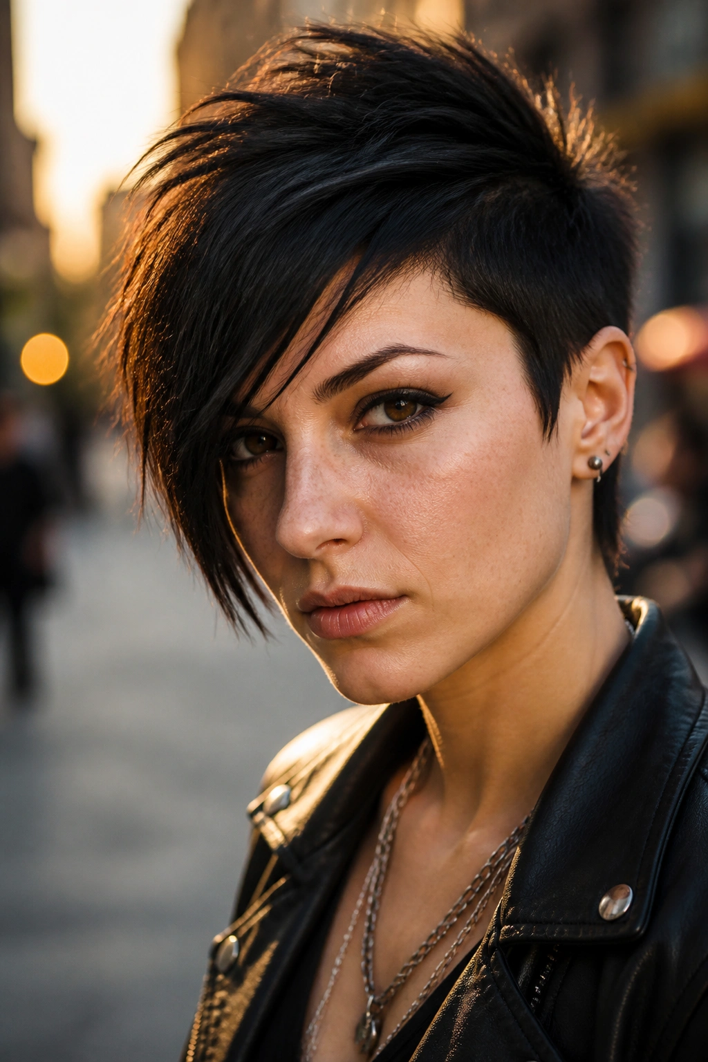 Close-up of a person with asymmetrical side-swept pixie on city street at golden hour