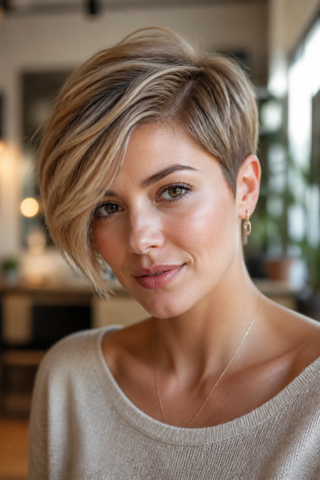 Close-up of a real woman with an asymmetrical pixie and long swoop in warm light