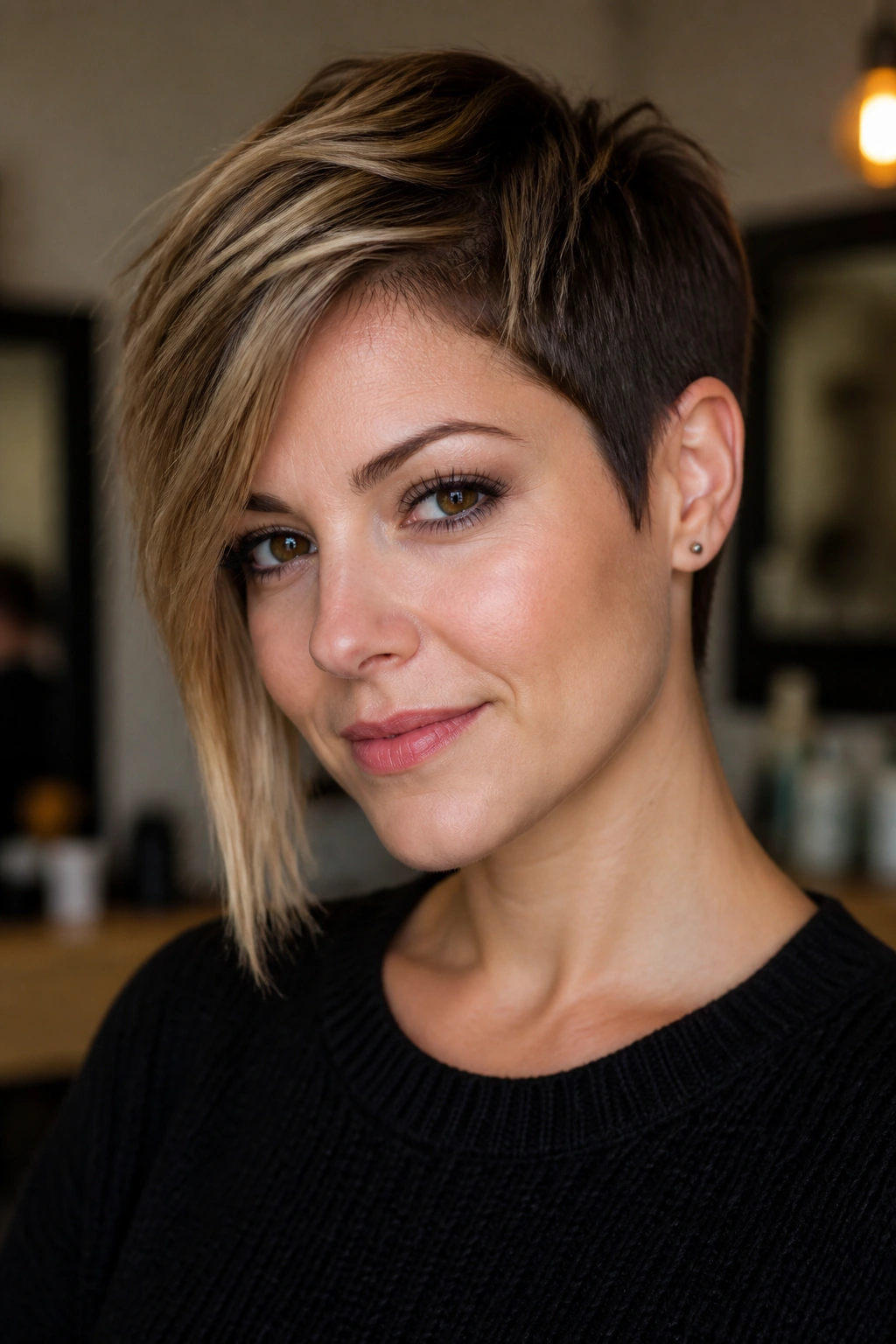 Portrait of a real person with asymmetrical long pixie showing one longer side