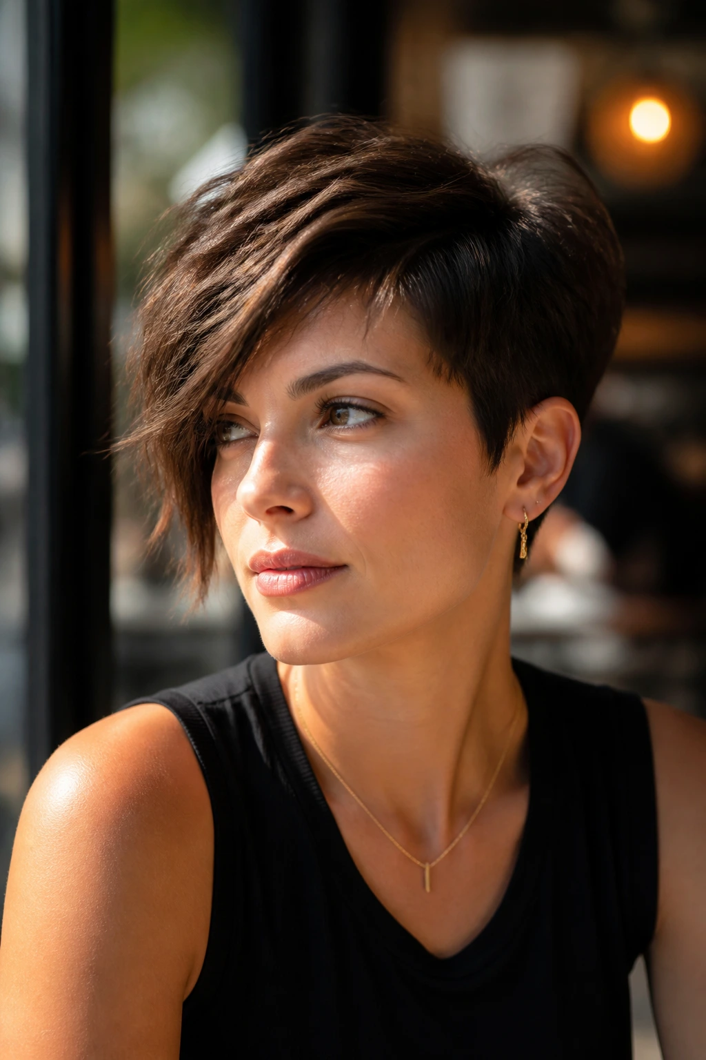 Real woman with an asymmetrical pixie, one side shorter, in warm cafe light