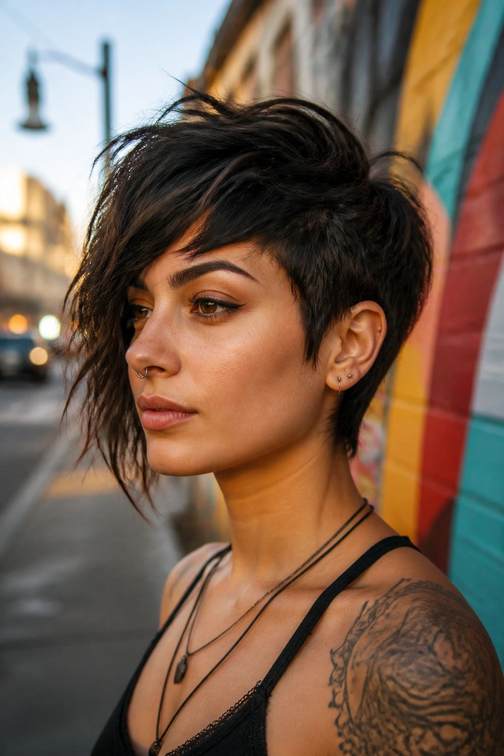 Close-up portrait of a real person with asymmetrical pixie wolf cut highlighting the longer side