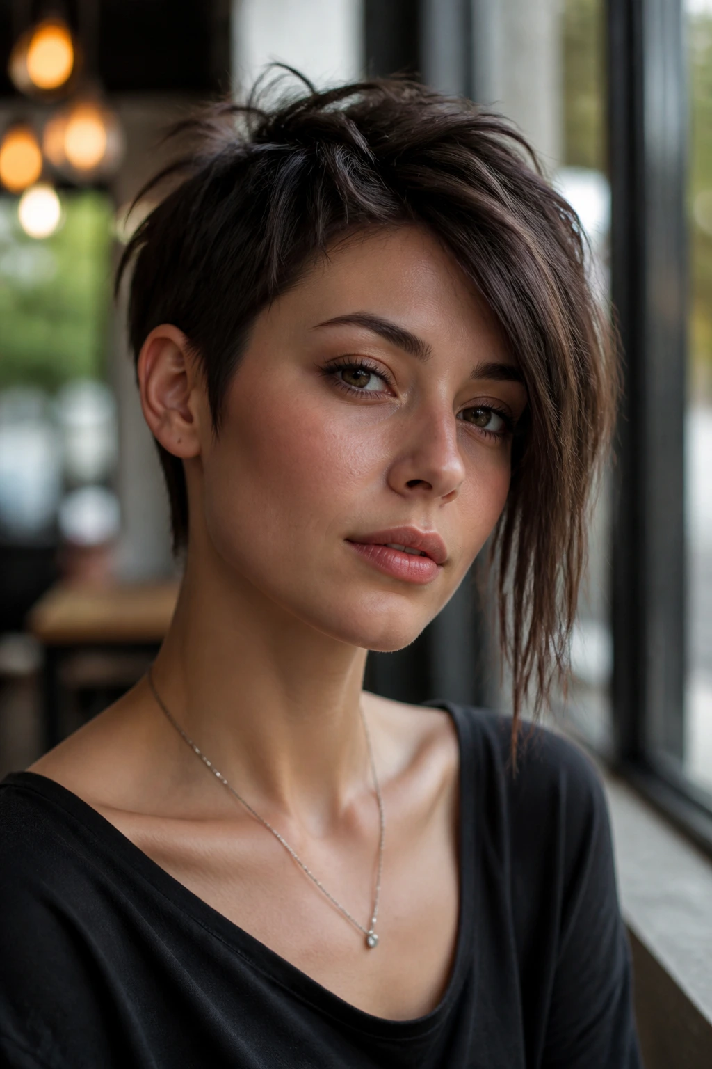 Real woman with asymmetrical pixie wolf on straight hair