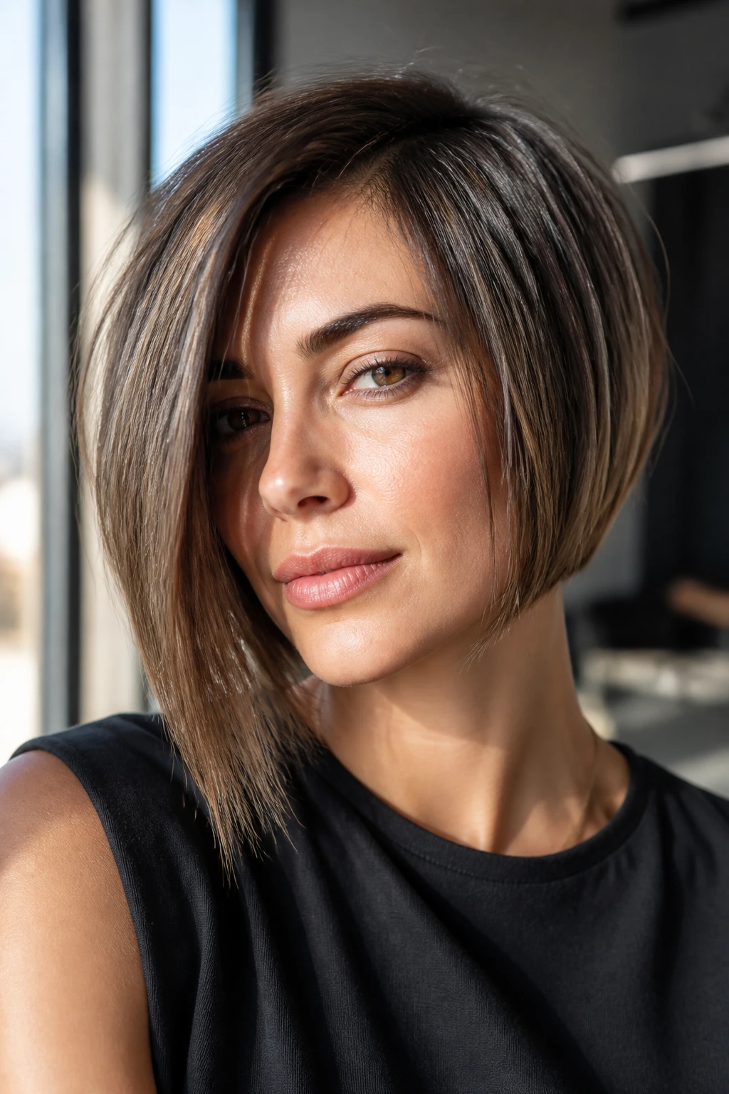 Close-up portrait of a real woman with asymmetrical razor-cut bob in sunlight