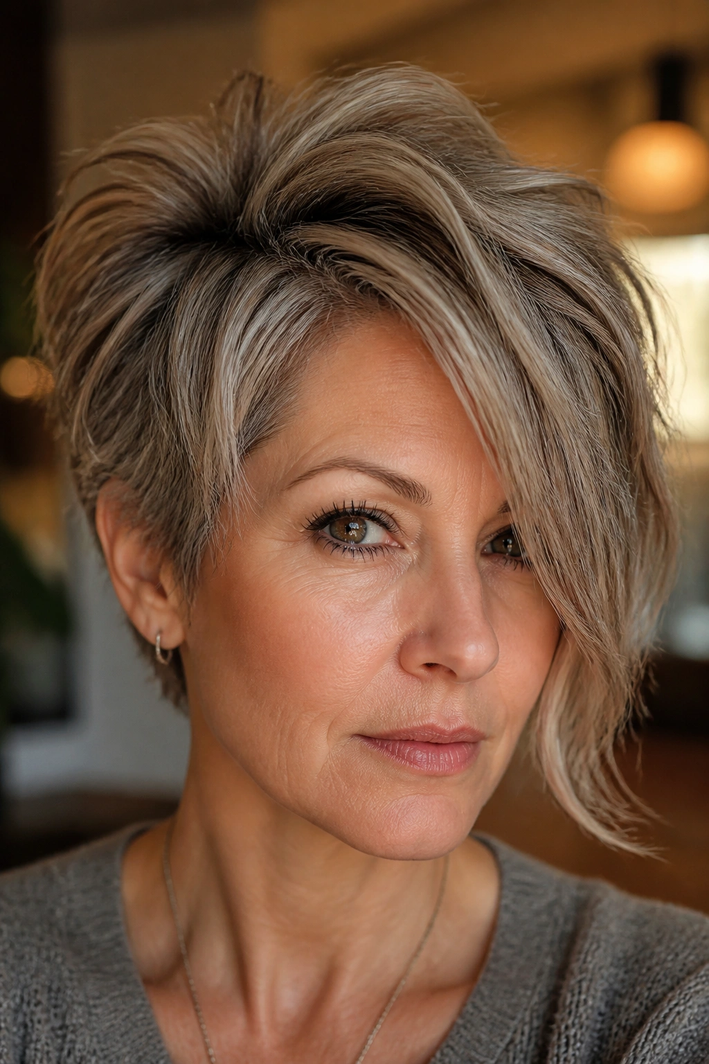 Real woman with asymmetrical shag and deep side part, front crown lifted