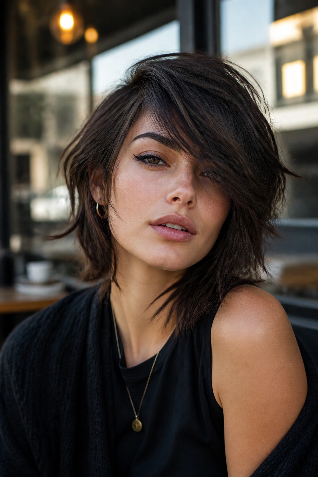 Close-up of a real person with asymmetrical shag and swept fringe