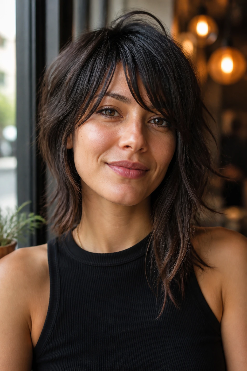 Portrait of a real woman with an asymmetrical shag in a cafe setting