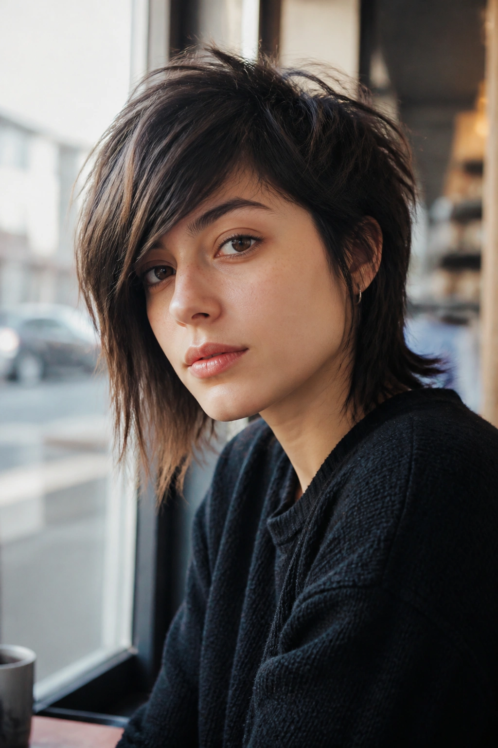 Close-up portrait of a real person with asymmetrical shag hairstyle with a longer side