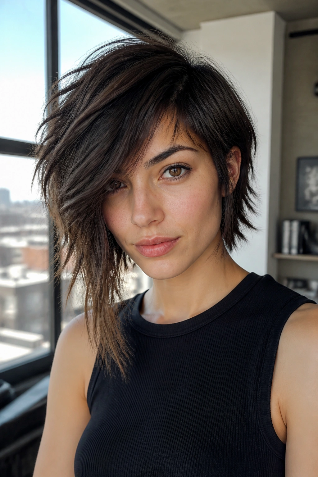 Close-up of a real person with an asymmetrical shag and one longer side