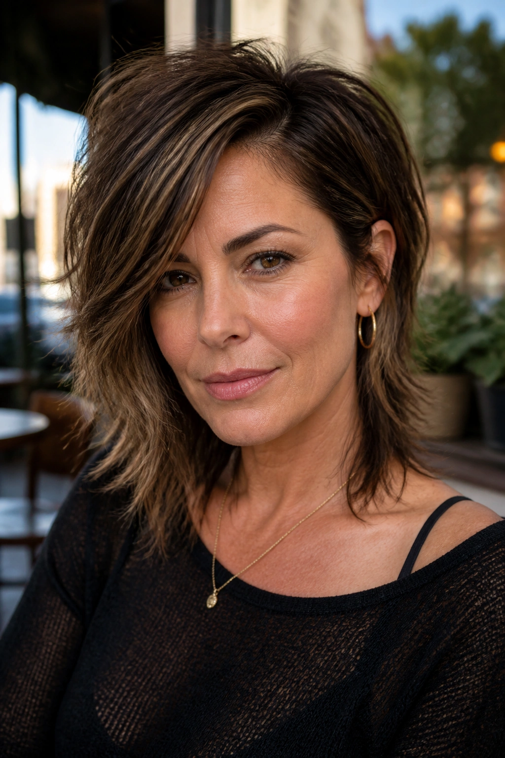 Close-up portrait of a real woman with asymmetrical shag and deep side part in golden-hour street cafe light