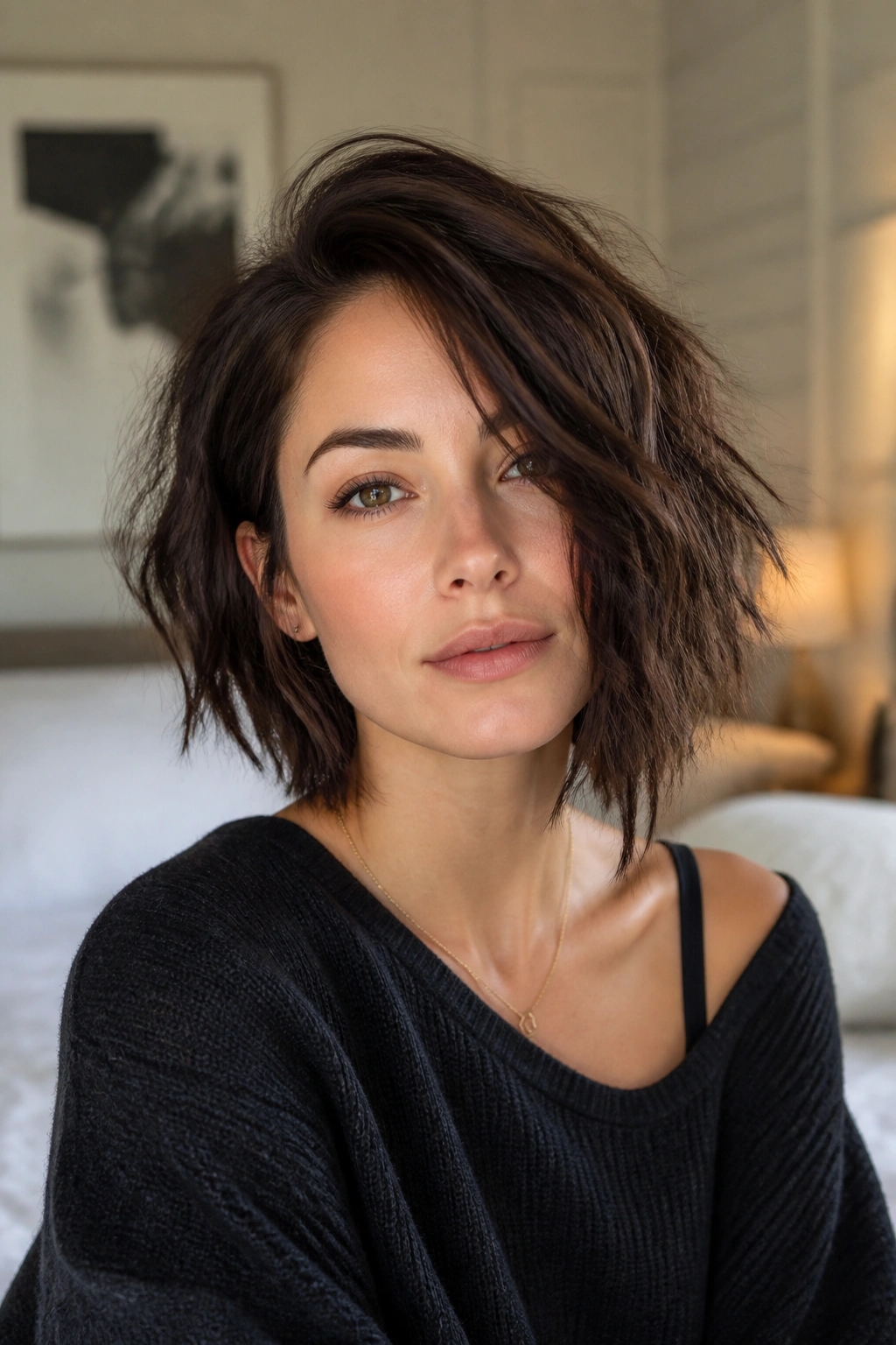 Close-up portrait of a real woman with an asymmetrical shaggy bob emphasizing texture and edge