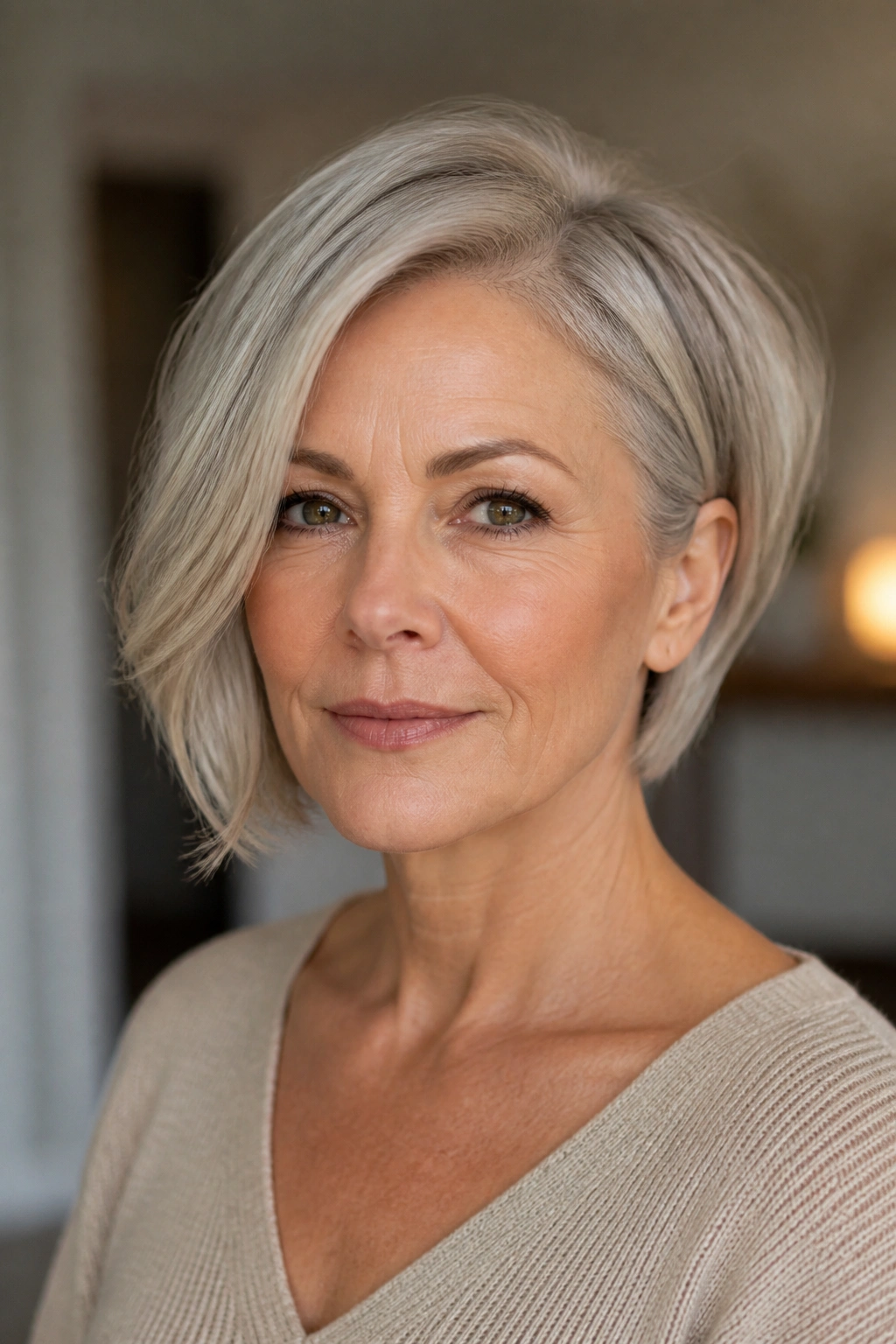 Real woman with an asymmetrical short bob and diagonal line