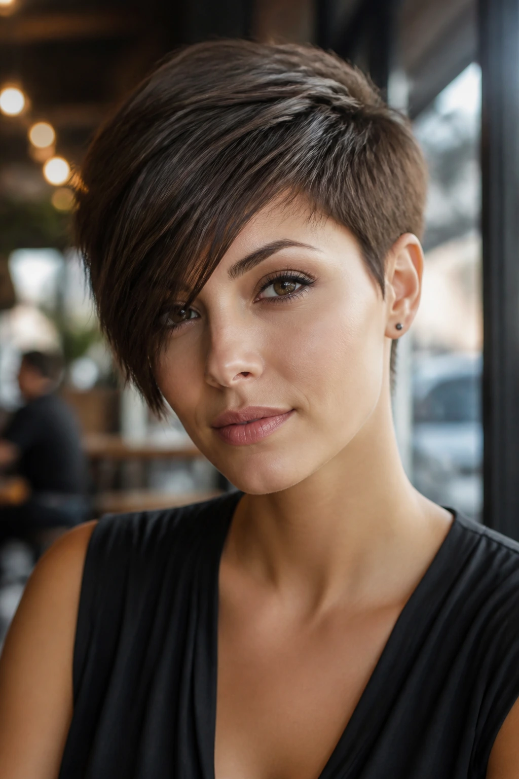 Close-up portrait of a real woman with asymmetrical side bangs on pixie cut in urban cafe