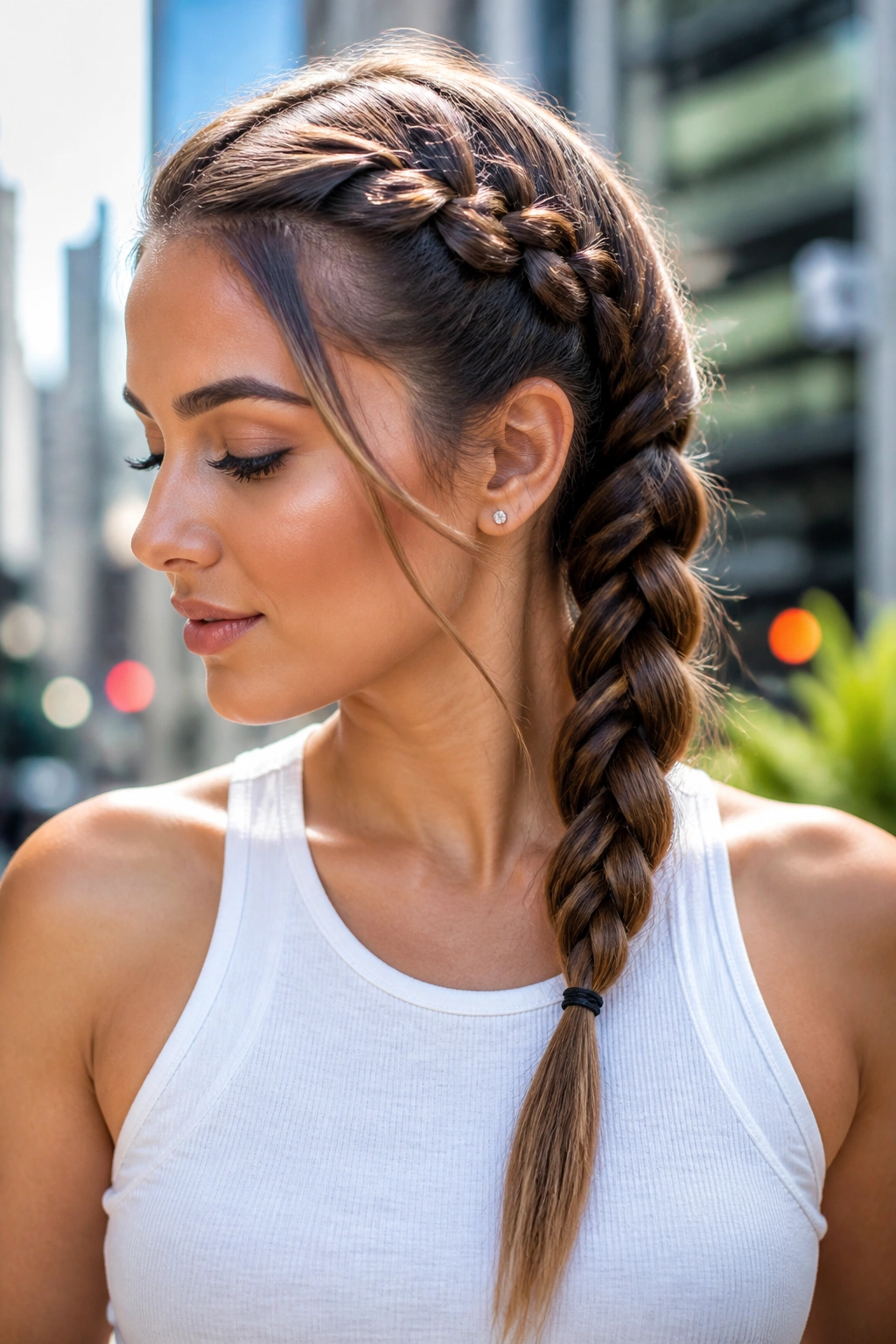 Close-up of a real person with an asymmetrical side braid ending in a clean tail