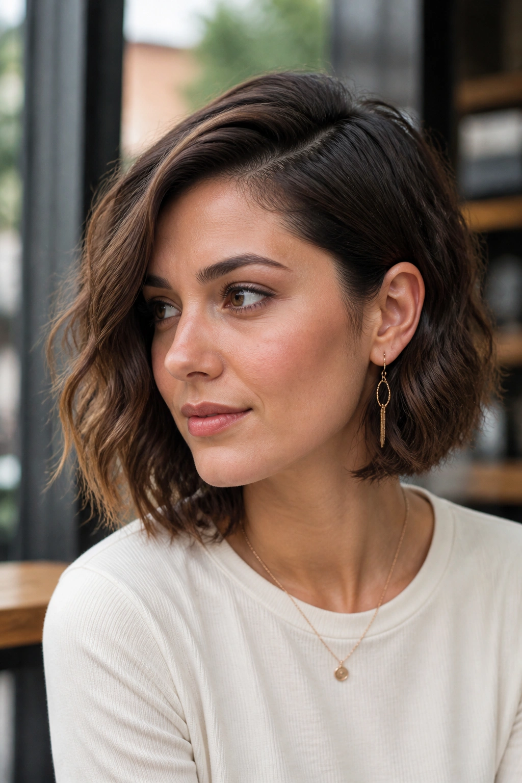 Real woman with an asymmetrical side-part bob, one side longer, natural light.