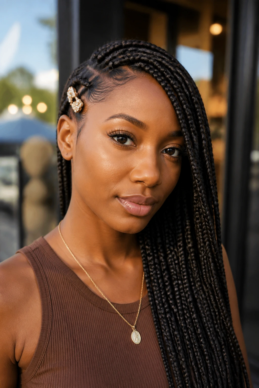 Portrait of a person with asymmetrical side sweep of box braids and a decorative clip above the ear.