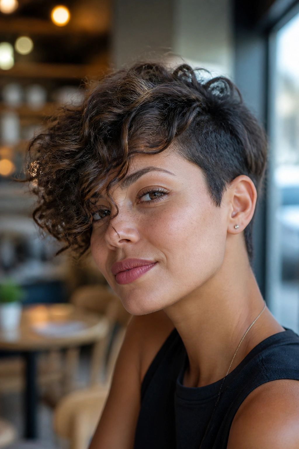 Portrait of a woman with an asymmetrical side-swept curly pixie.