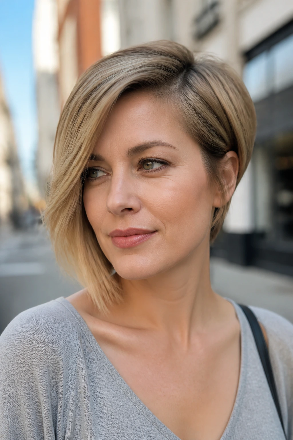 Close-up of a real woman with Asymmetrical Side-Swept Bob