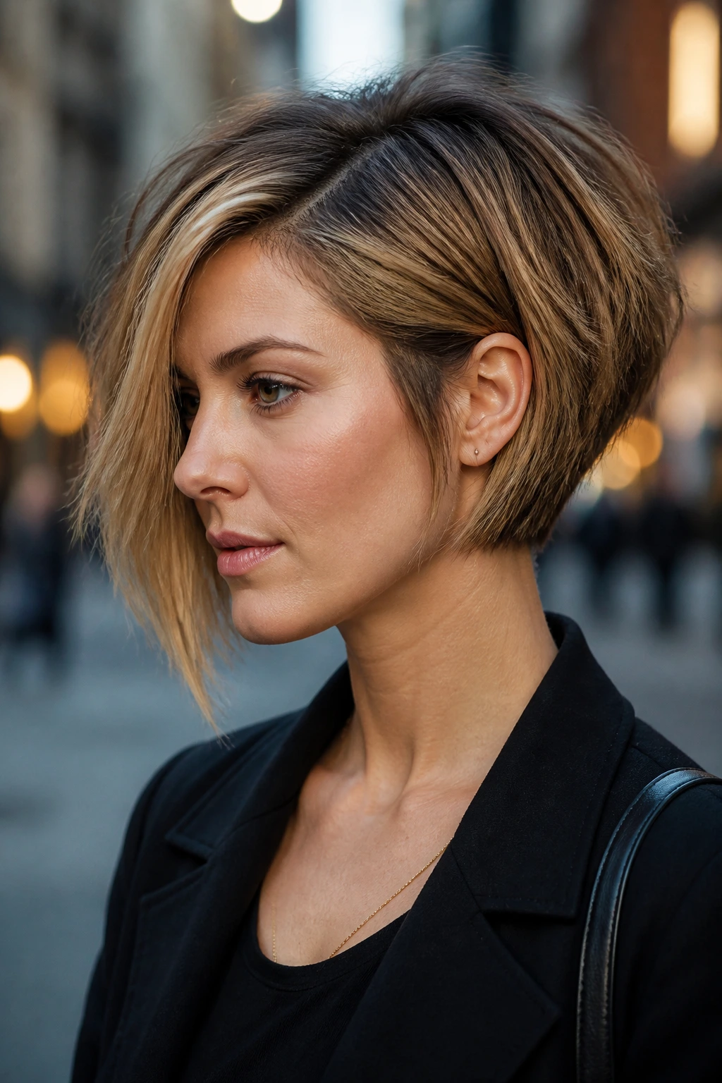 Close-up of a real person with an asymmetrical stacked bob on a city street