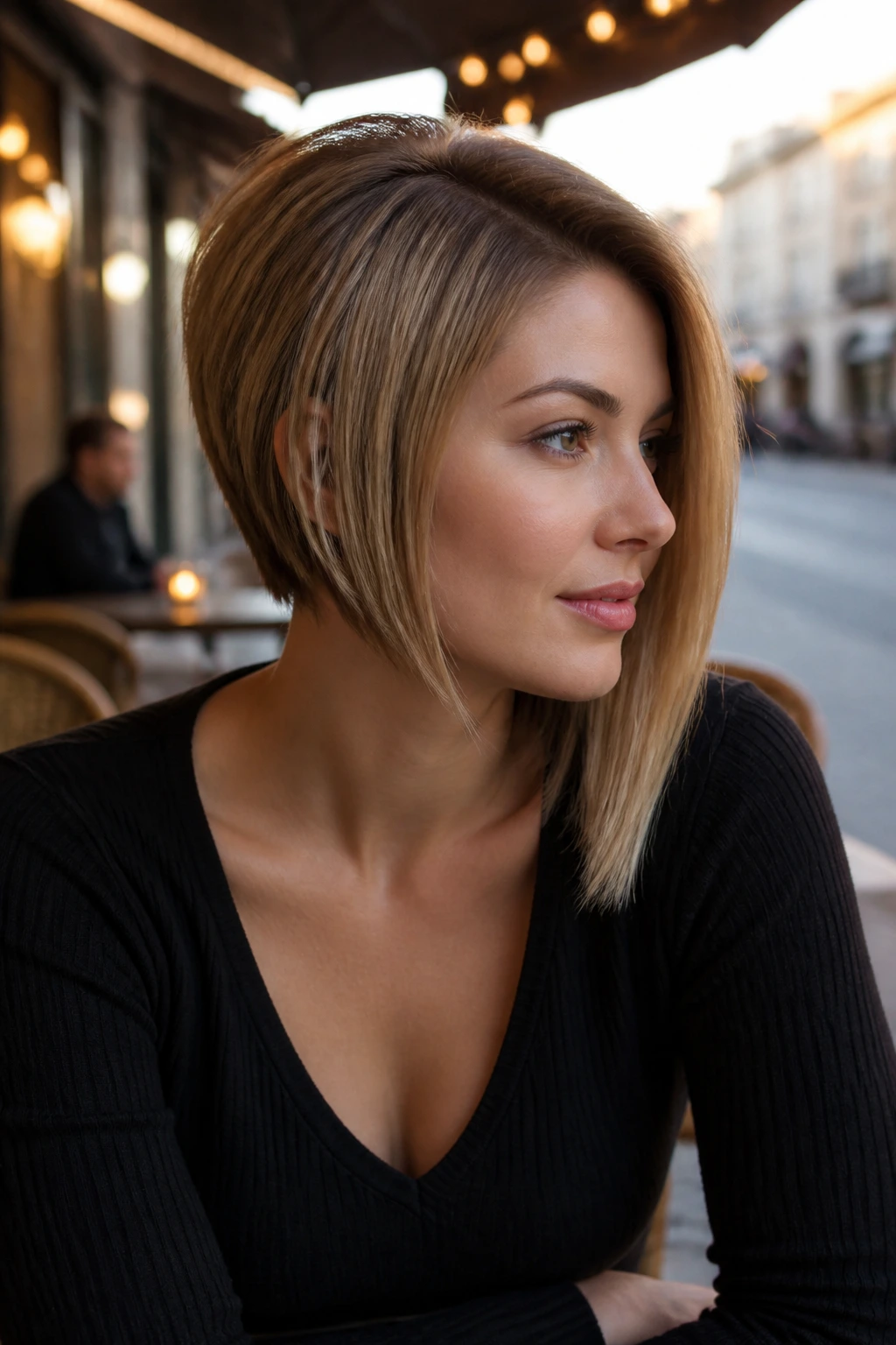 Portrait of a woman with an asymmetrical stacked bob featuring a longer front