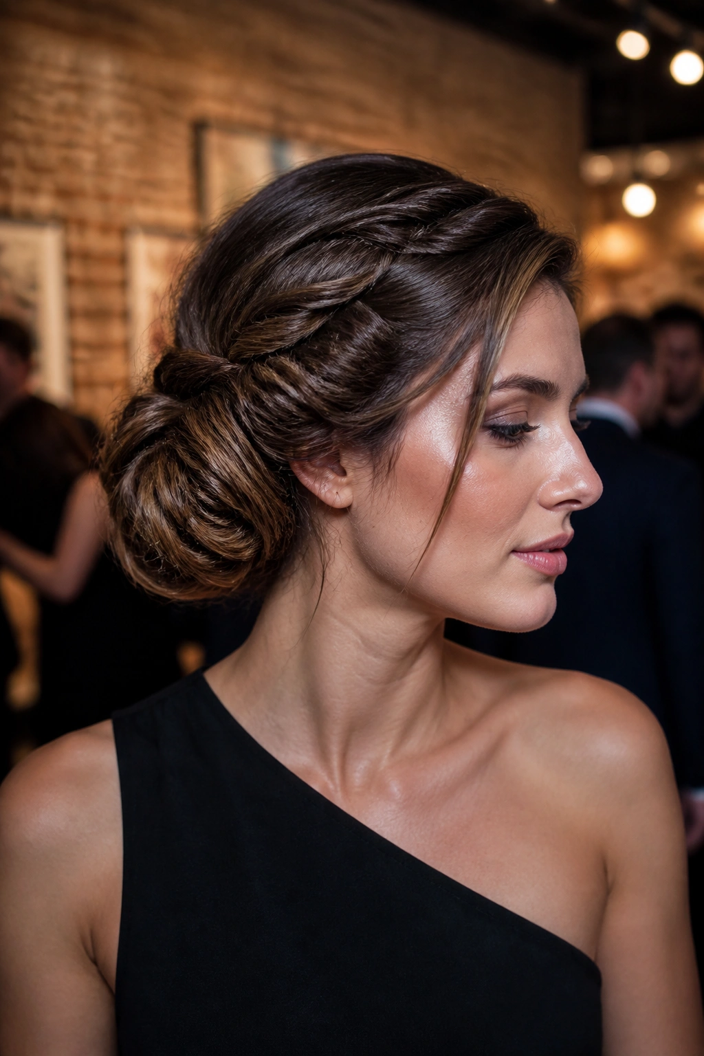 Side-profile of a real woman's asymmetrical twist bun, off-center bun with contrasting sides