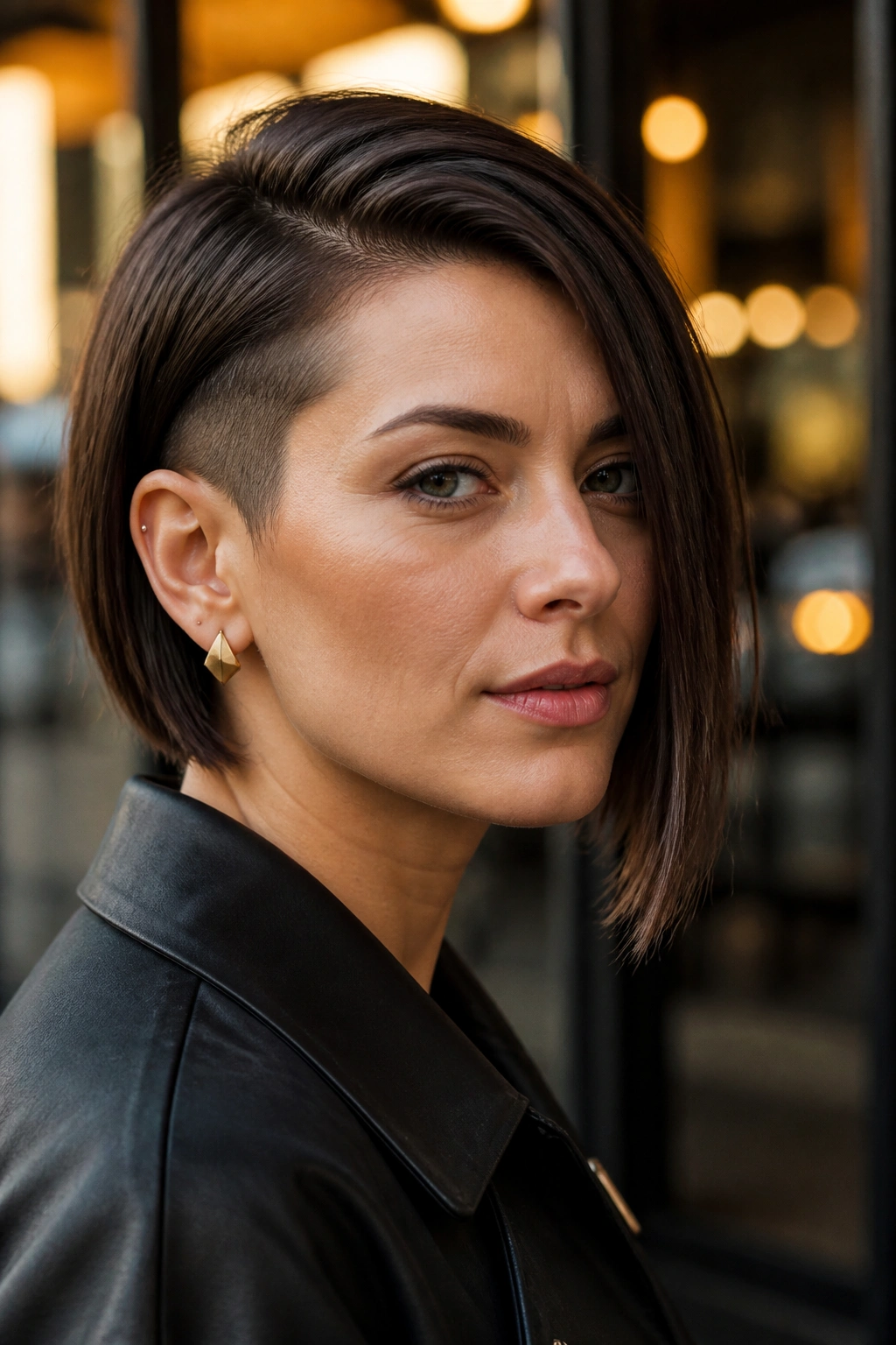 Portrait of a real woman with asymmetrical undercut bob showing shorter side