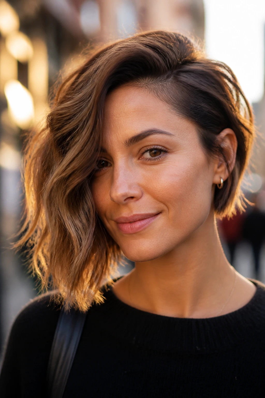 Close-up of a real woman with an asymmetrical wavy bob hairstyle