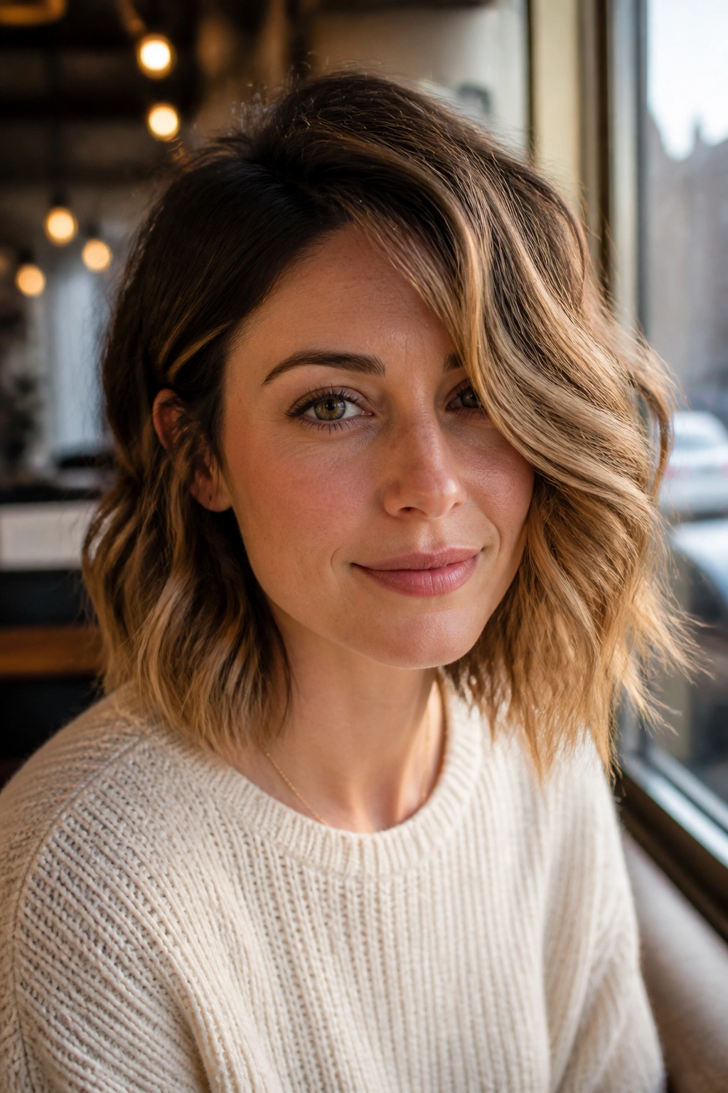 Close-up of a real woman with an asymmetrical wavy bob and one-side sweep