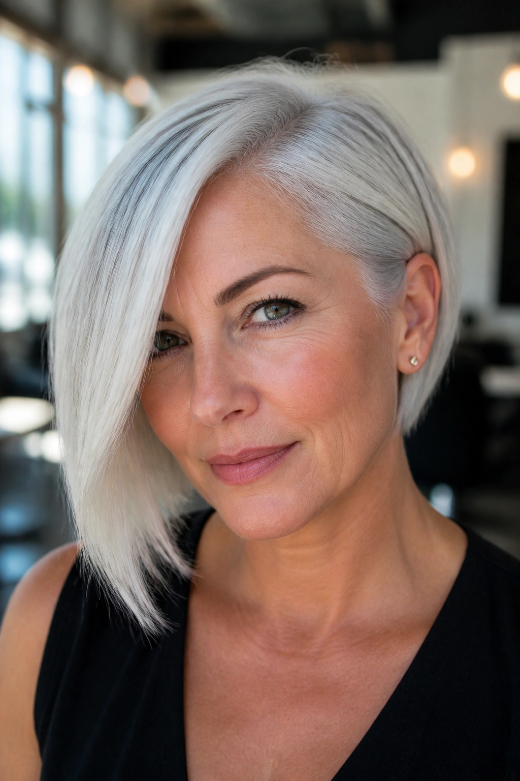Close-up portrait of a real person with an asymmetrical white bob, longer side tucked behind the ear
