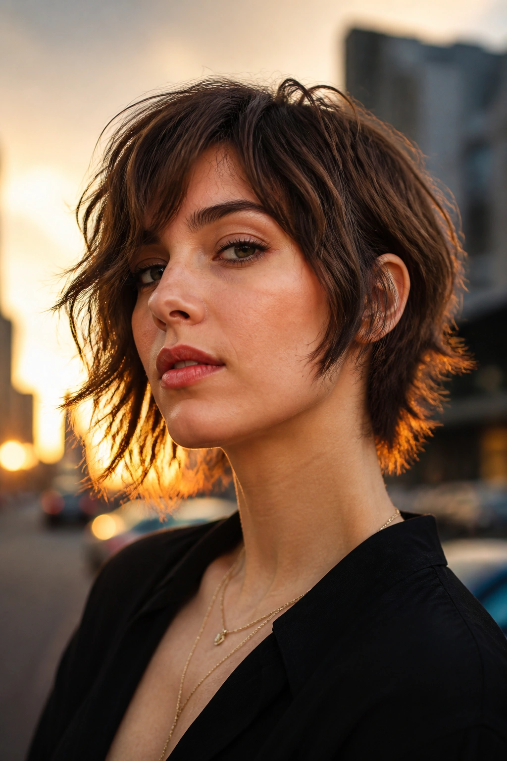 Close-up portrait of a real person with an asymmetrical wolf bob on a city street at golden hour