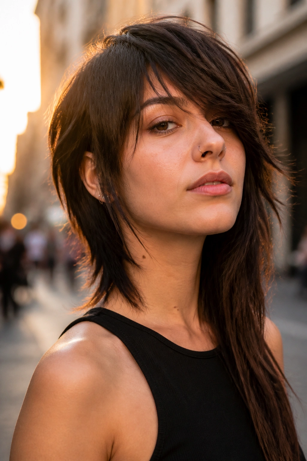 Real woman with an asymmetrical wolf cut showing one side longer