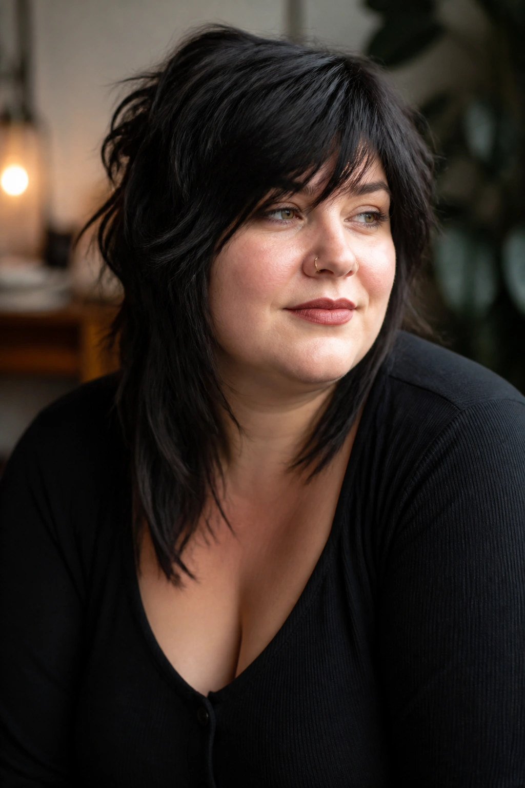 Portrait of a woman with an asymmetrical wolf cut showing subtle edge