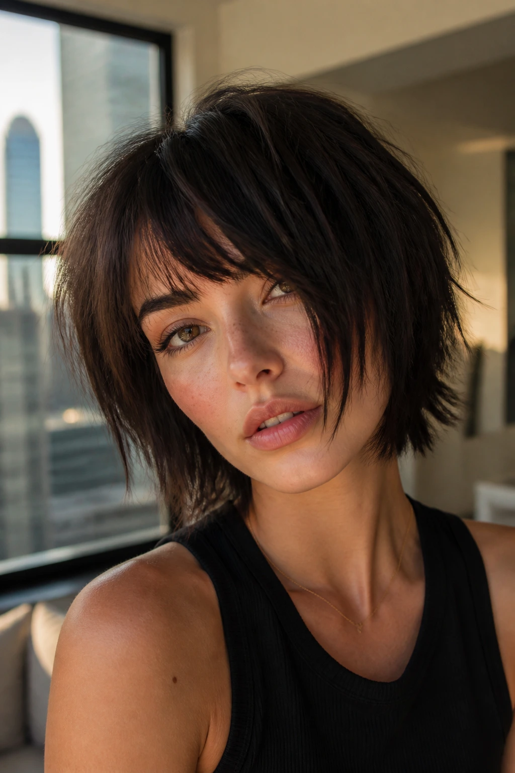 Close-up portrait of a real person with an off-center fringe in an asymmetrical wolf cut bob, city window light.