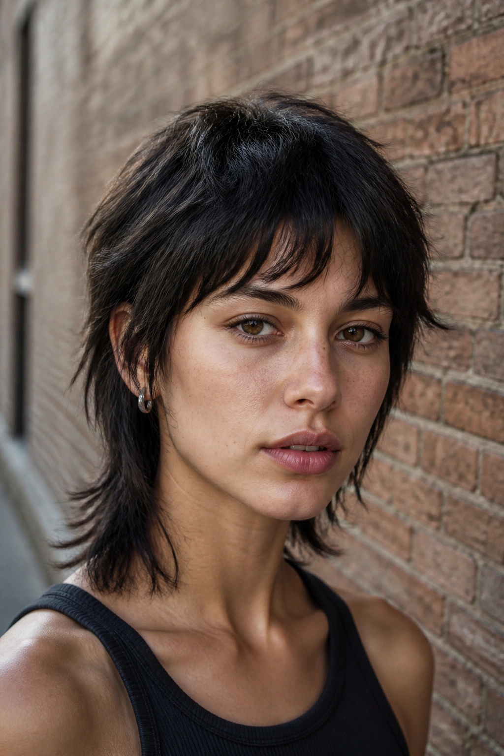 Real person with asymmetrical wolf cut against brick wall