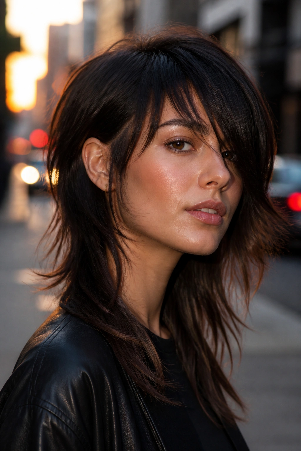Close-up of a real woman with asymmetrical wolf cut and side-swept fringe