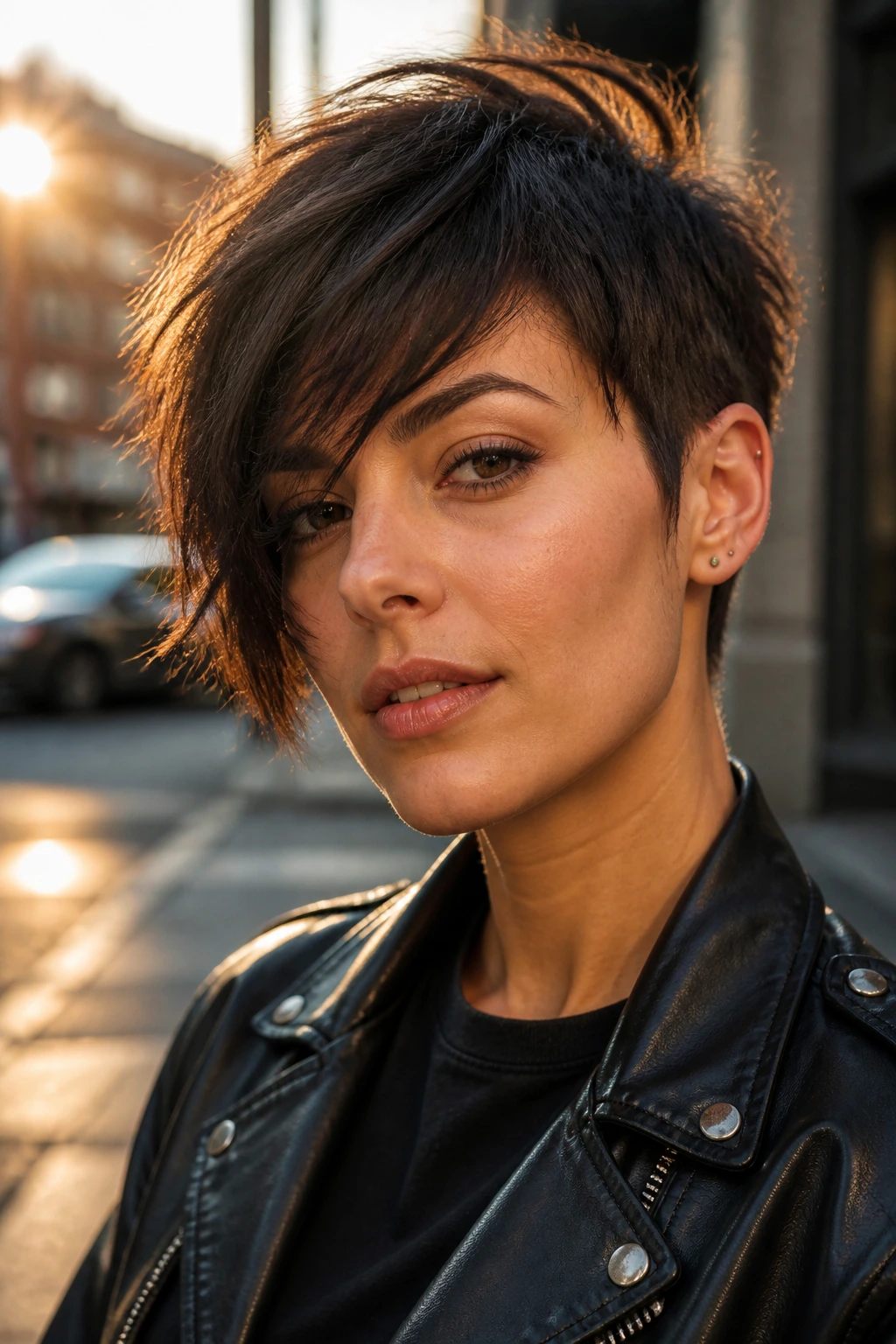 Close-up portrait of a real woman with an asymmetrical short wolf pixie on a sunlit street.