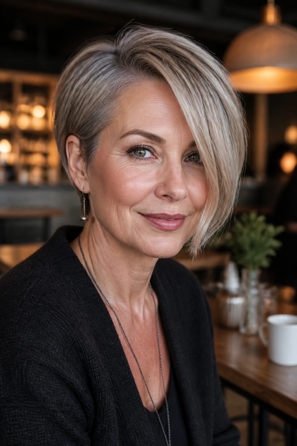 Older woman with subtle asymmetrical pixie bob and longer side