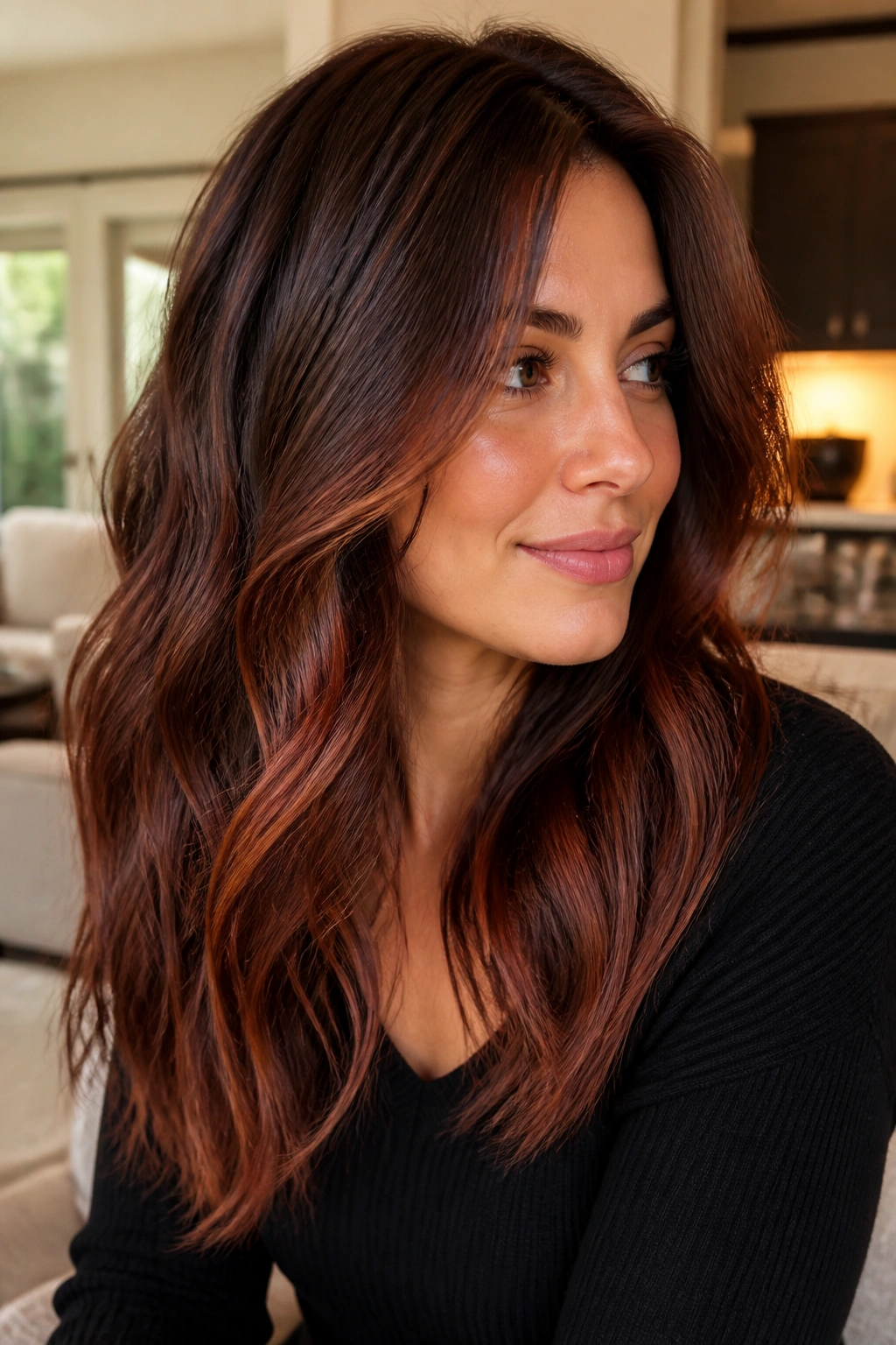 Brown hair with auburn veil balayage close-up.