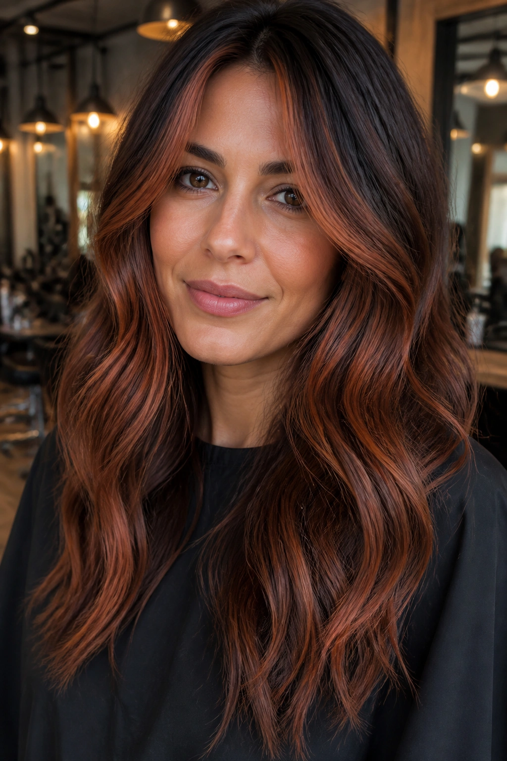 Close-up of real woman with auburn balayage and face-framing pieces in long hair