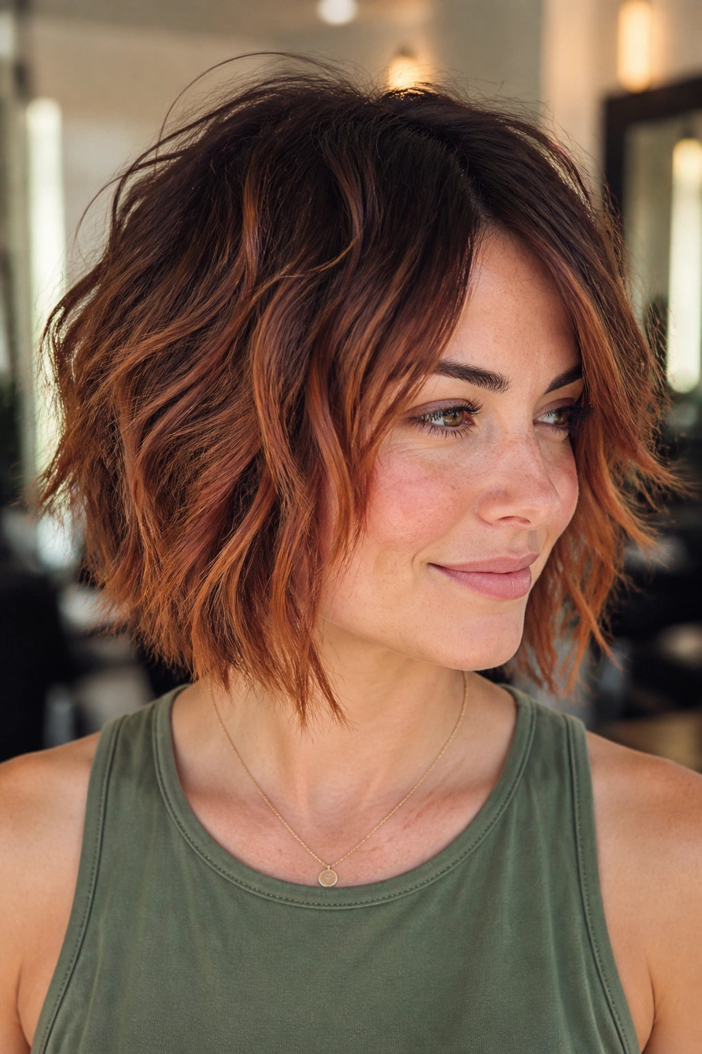 Close-up portrait of real woman with auburn balayage shaggy bob in a bright salon