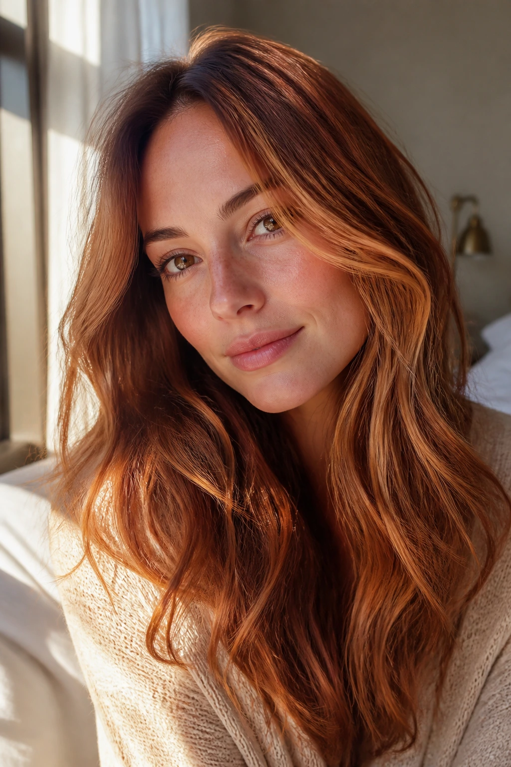 Close-up of a real woman with sunlit auburn balayage and face-framing highlights