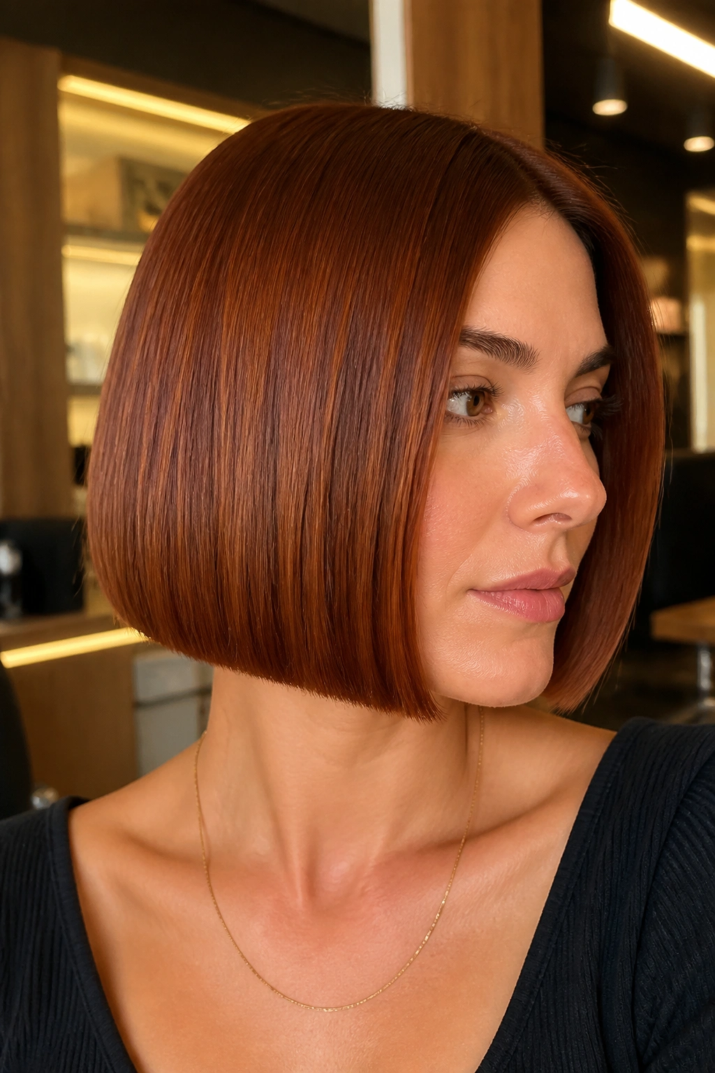 Close-up of a woman with an Auburn Bob blunt edge