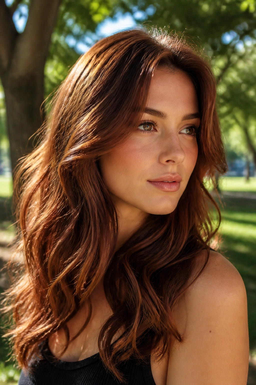 Close-up of woman with auburn brown hair and soft copper highlights