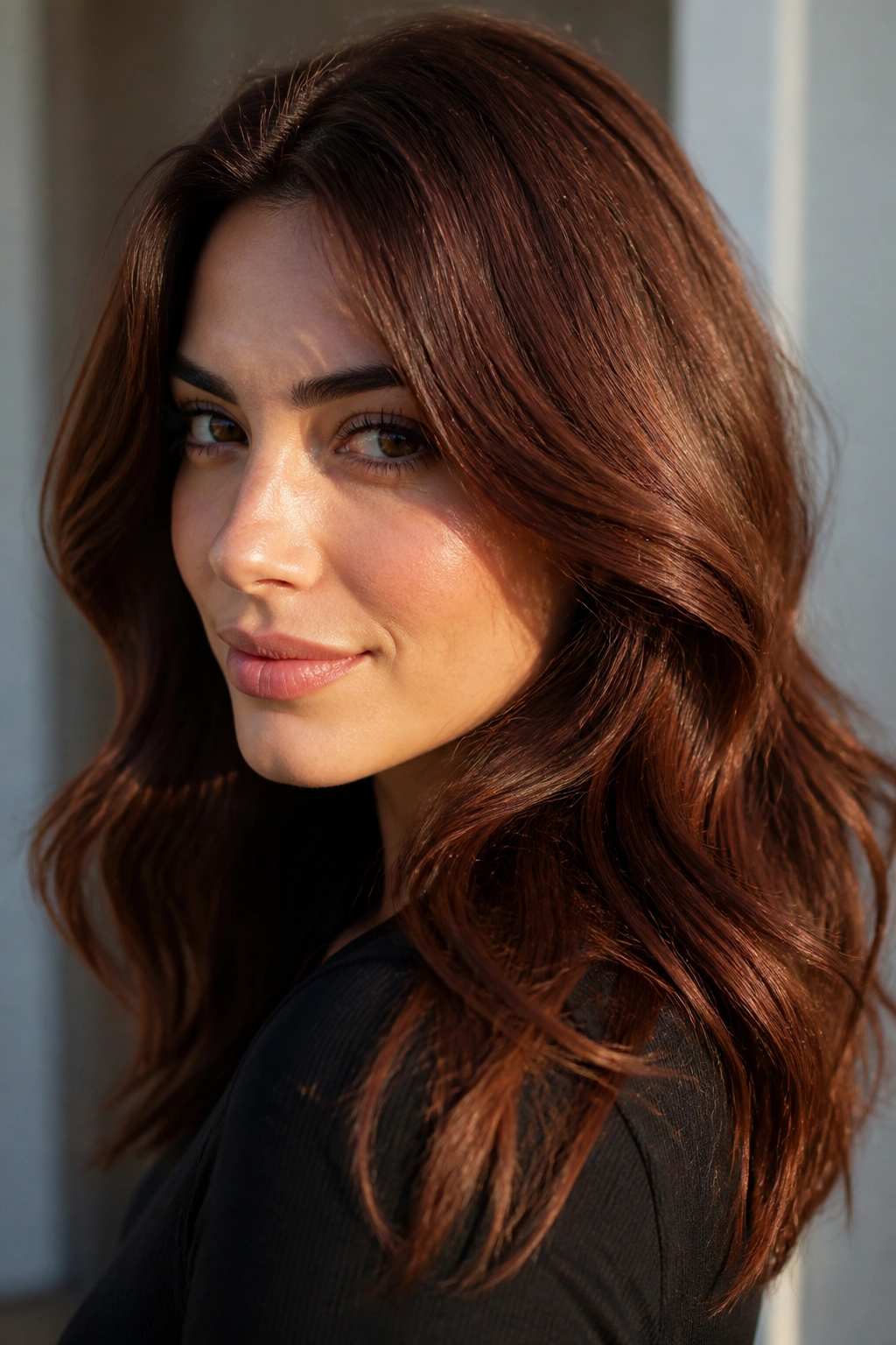 Brunette with auburn brown hair in warm light