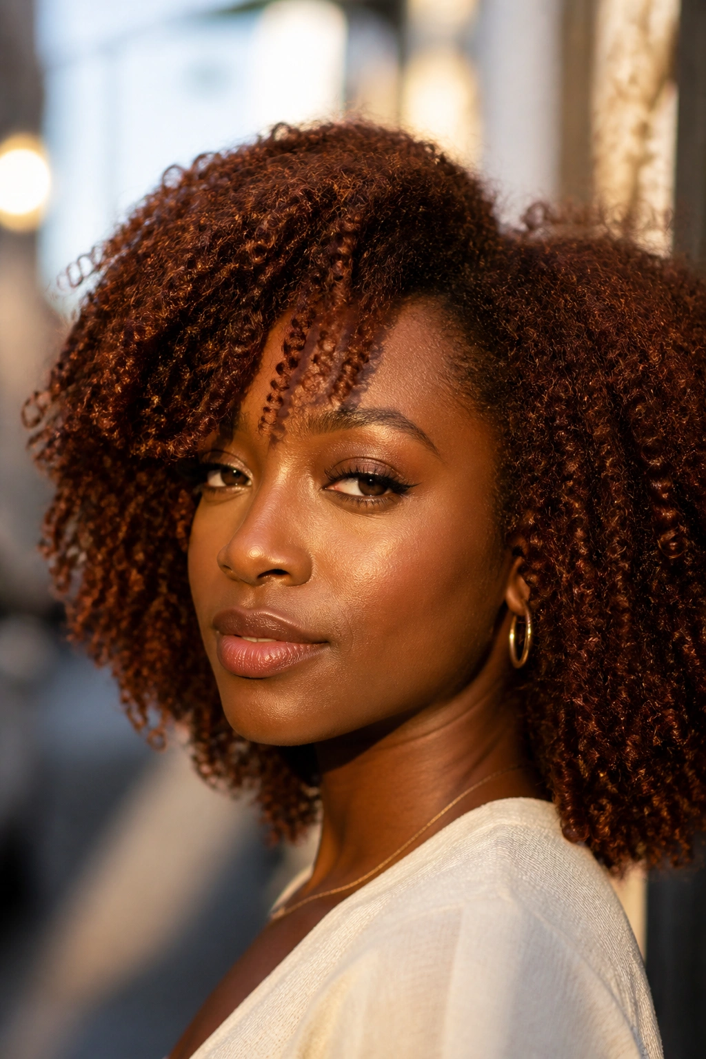 Close-up portrait of a real woman with auburn brown hair in natural sunlight