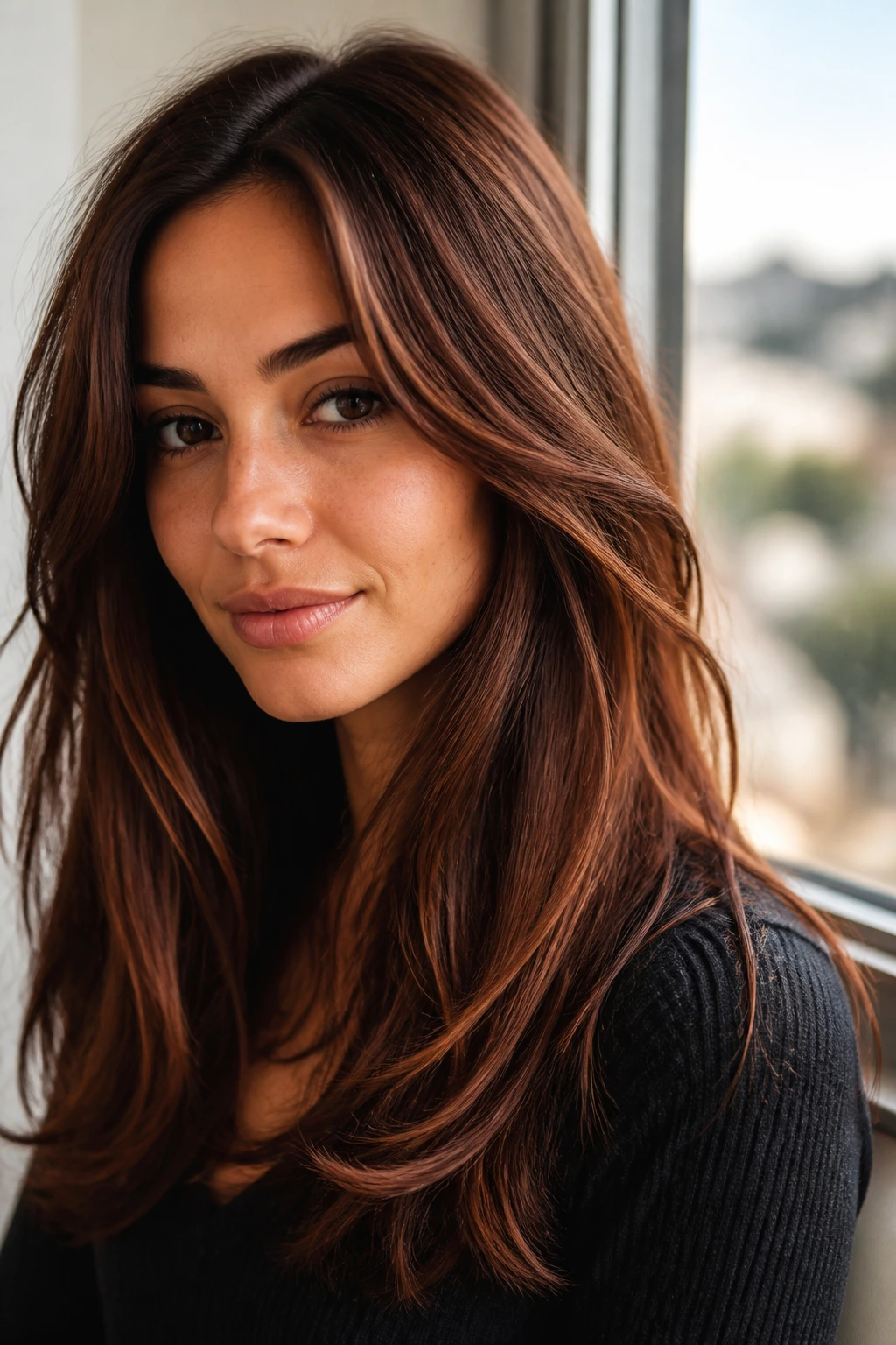 Close-up of auburn-brown hair with red warmth on a real person