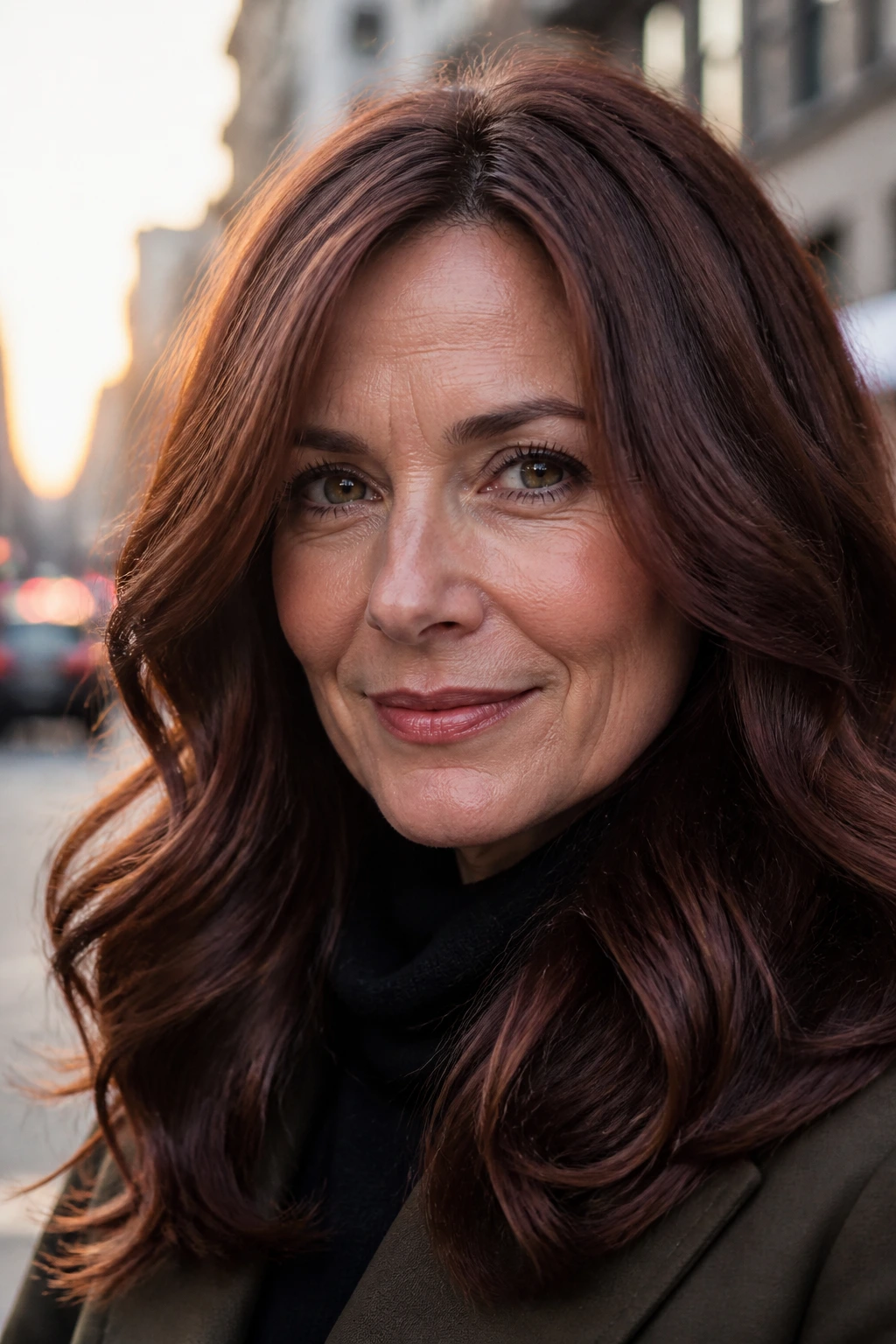 Close-up of a woman with auburn-brown mahogany hair in urban daylight